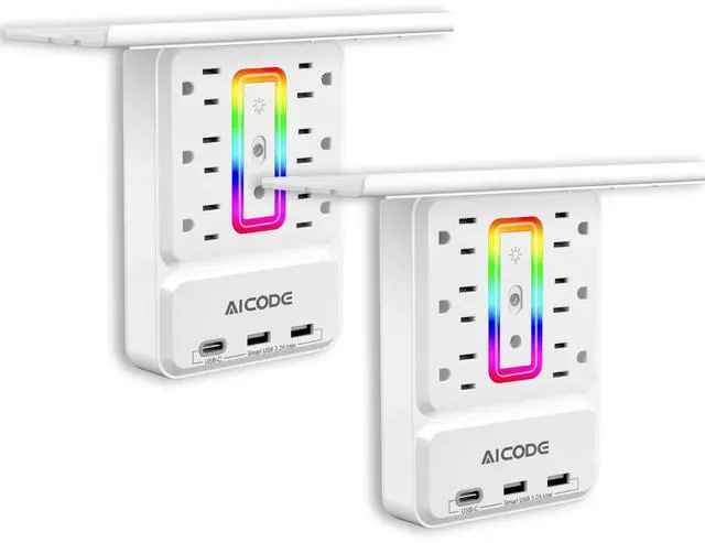 Main image of 2 PCS Outlet Extender with Shelf, Nightlight, Surge Protector, USB C | 9 In 1 Plug Expander, Detachable Shelf, 6 AC Outlets, 3 USB Ports USB C, 900J Surge Protection For Bathroom Kitchen Dorm Home