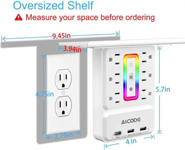Alt view image 2 of 7 - 2 PCS Outlet Extender with Shelf, Nightlight, Surge Protector, USB C | 9 In 1 Plug Expander, Detachable Shelf, 6 AC Outlets, 3 USB Ports USB C, 900J Surge Protection For Bathroom Kitchen Dorm Home