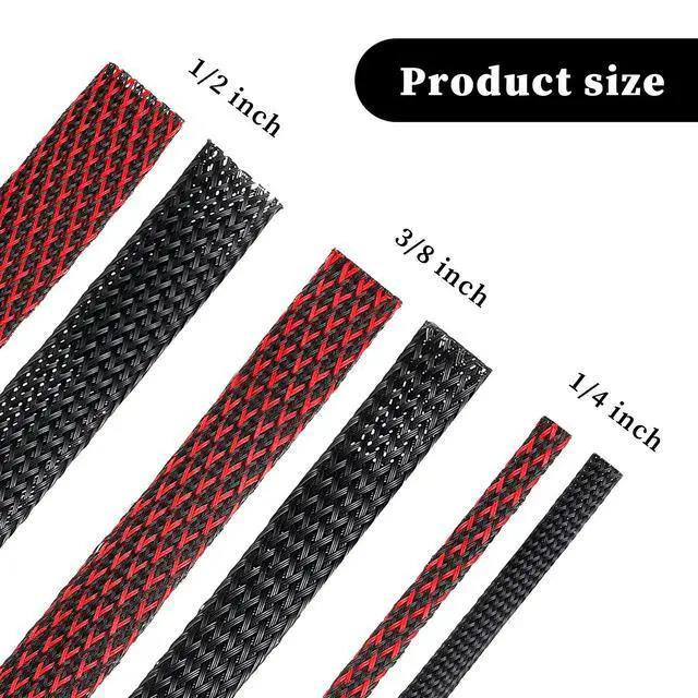 Alt view image 2 of 7 - 96ft Wire Loom Braided Cable Sleeve Covers Cord Management with 127 Pcs Tube Heat Shrinkable for Audio Video Cable Cord Protectors from Pets (1/2, 1/4, 3/8 Inch,Black and Red)