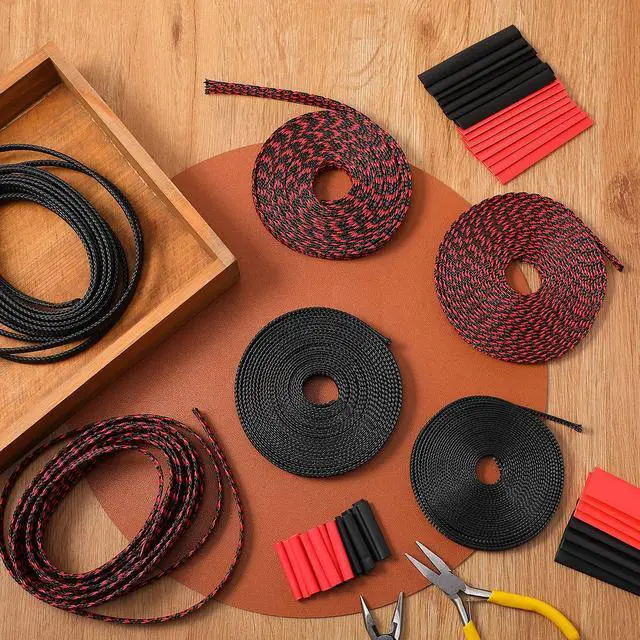 Alt view image 5 of 7 - 96ft Wire Loom Braided Cable Sleeve Covers Cord Management with 127 Pcs Tube Heat Shrinkable for Audio Video Cable Cord Protectors from Pets (1/2, 1/4, 3/8 Inch,Black and Red)