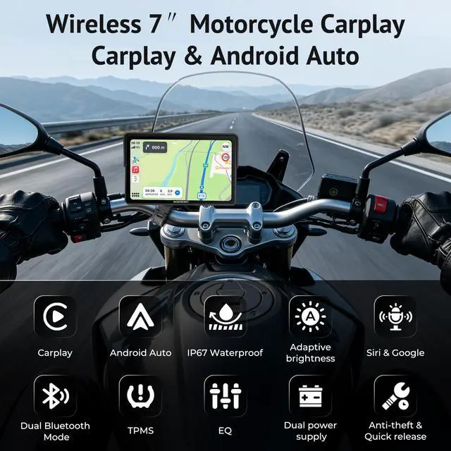 Alt view image 2 of 7 - W722TPMS 7" Wireless Motorcycle CarPlay & Android Auto with TPMS | IP67 Waterproof Motorcycle GPS Touchscreen with Dual Bluetooth Audio,EQ, Light Sensor,USB/ACC Power for Riding