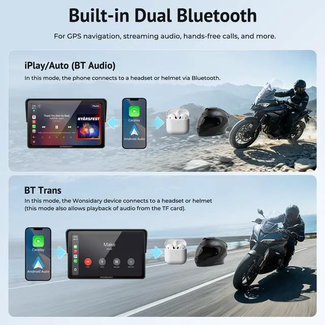 Alt view image 6 of 7 - W722TPMS 7" Wireless Motorcycle CarPlay & Android Auto with TPMS | IP67 Waterproof Motorcycle GPS Touchscreen with Dual Bluetooth Audio,EQ, Light Sensor,USB/ACC Power for Riding