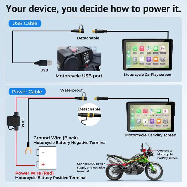 Alt view image 7 of 7 - W722TPMS 7" Wireless Motorcycle CarPlay & Android Auto with TPMS | IP67 Waterproof Motorcycle GPS Touchscreen with Dual Bluetooth Audio,EQ, Light Sensor,USB/ACC Power for Riding