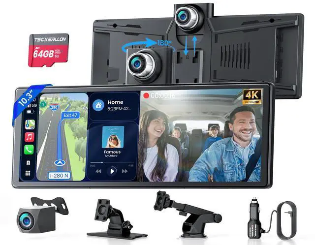 Main image of 10.3" Portable CarPlay Screen for Car with Rotatable 4K Dash Cam | Wireless Apple CarPlay & Android Auto/ Waterproof 1080P Backup Camera/ 64GB Card/ GPS Navigation/ Voice Control/ Mirror Link