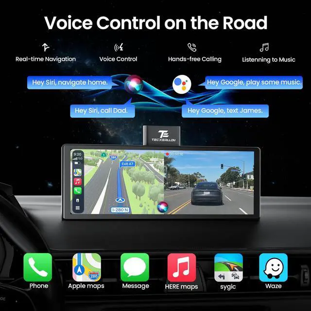 Alt view image 2 of 7 - 10.3" Portable CarPlay Screen for Car with Rotatable 4K Dash Cam | Wireless Apple CarPlay & Android Auto/ Waterproof 1080P Backup Camera/ 64GB Card/ GPS Navigation/ Voice Control/ Mirror Link