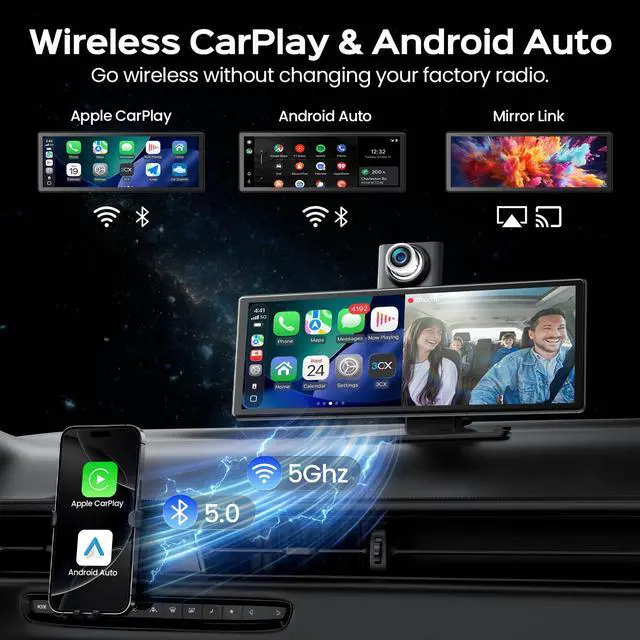 Alt view image 4 of 7 - 10.3" Portable CarPlay Screen for Car with Rotatable 4K Dash Cam | Wireless Apple CarPlay & Android Auto/ Waterproof 1080P Backup Camera/ 64GB Card/ GPS Navigation/ Voice Control/ Mirror Link