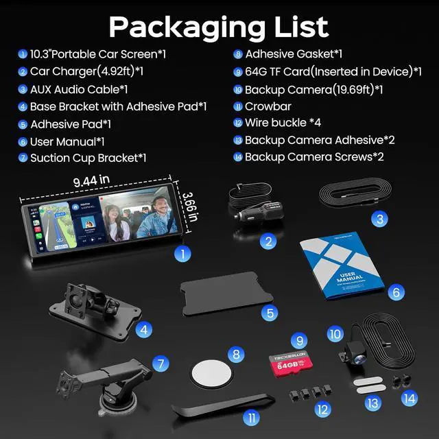 Alt view image 7 of 7 - 10.3" Portable CarPlay Screen for Car with Rotatable 4K Dash Cam | Wireless Apple CarPlay & Android Auto/ Waterproof 1080P Backup Camera/ 64GB Card/ GPS Navigation/ Voice Control/ Mirror Link