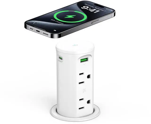 Main image of Pop Up Outlet for Countertop with 15W Wireless Charging Pad,Recessed Power Strip 2.5-Inch Hole,65W GaN USB C,Tamper Resistant Receptacle,4 USB,4 Outlets for Kitchen,Office Desk,ETL Listed (White)