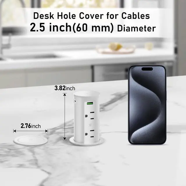 Alt view image 5 of 7 - Pop Up Outlet for Countertop with 15W Wireless Charging Pad,Recessed Power Strip 2.5-Inch Hole,65W GaN USB C,Tamper Resistant Receptacle,4 USB,4 Outlets for Kitchen,Office Desk,ETL Listed (White)
