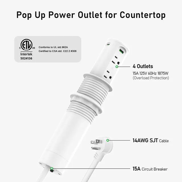 Alt view image 6 of 7 - Pop Up Outlet for Countertop with 15W Wireless Charging Pad,Recessed Power Strip 2.5-Inch Hole,65W GaN USB C,Tamper Resistant Receptacle,4 USB,4 Outlets for Kitchen,Office Desk,ETL Listed (White)