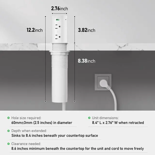 Alt view image 7 of 7 - Pop Up Outlet for Countertop with 15W Wireless Charging Pad,Recessed Power Strip 2.5-Inch Hole,65W GaN USB C,Tamper Resistant Receptacle,4 USB,4 Outlets for Kitchen,Office Desk,ETL Listed (White)
