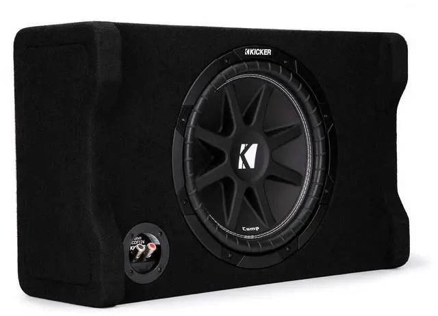 Main image of 48CDF124 Comp 12" Subwoofer in Down Firing Enclosure, 4-Ohm | Loaded ported box design, space-saving behind-seat truck fit, protected downward woofer, deep bass output, easy install