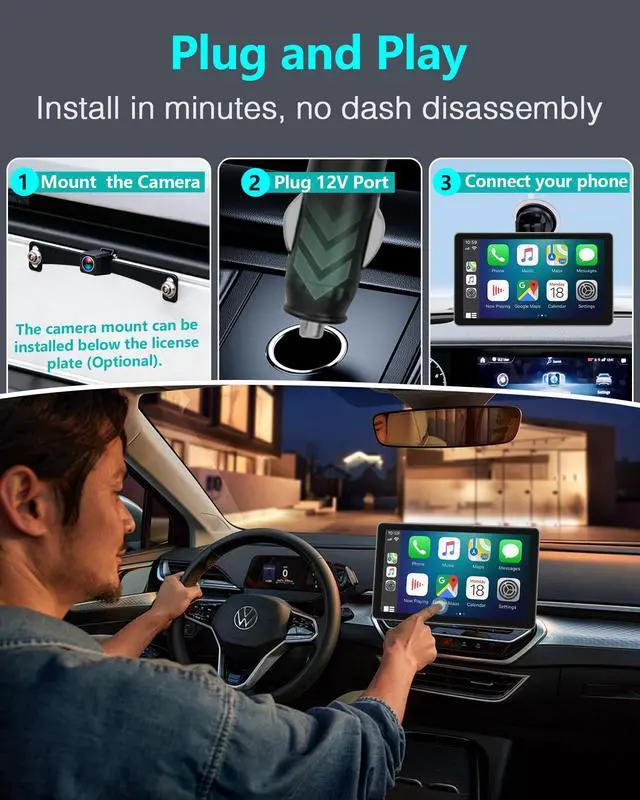 Alt view image 7 of 7 - Wireless Carplay Screen with 1080P Backup Camera: Auto Reconnect in Seconds | 7" Portable Touchscreen with Wired Rear Camera, Maps Music & Calls Ready for Daily Commutes, Modern Upgrade for Older Cars