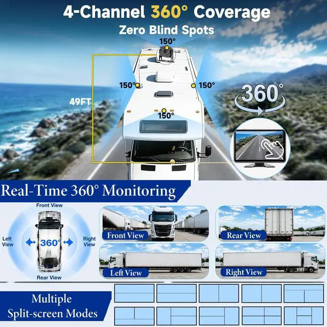 Alt view image 2 of 7 - 4-Wired Backup Camera System, 10.1" HD Touch Monitor for Truck/RV | 1080P Side Rear View Cameras with Quad Split Monitor, DVR Recording Waterproof IR Night Vision for Trailer/Tractor/Semi-Truck