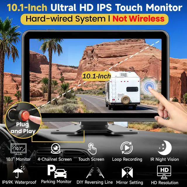 Alt view image 3 of 7 - 4-Wired Backup Camera System, 10.1" HD Touch Monitor for Truck/RV | 1080P Side Rear View Cameras with Quad Split Monitor, DVR Recording Waterproof IR Night Vision for Trailer/Tractor/Semi-Truck