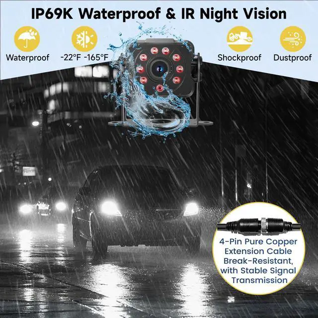 Alt view image 7 of 7 - 4-Wired Backup Camera System, 10.1" HD Touch Monitor for Truck/RV | 1080P Side Rear View Cameras with Quad Split Monitor, DVR Recording Waterproof IR Night Vision for Trailer/Tractor/Semi-Truck