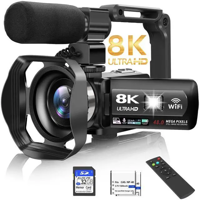 Main image of Video Camera 8K Camcorder 48MP UHD WiFi Vlogging Camera for YouTube | 15FPS UHD Recording, WiFi Transfer, IR Night Vision, 18X Zoom, Fill Light, Mic, Stabilizer, Lens Hood, Remote, 2 Batteries