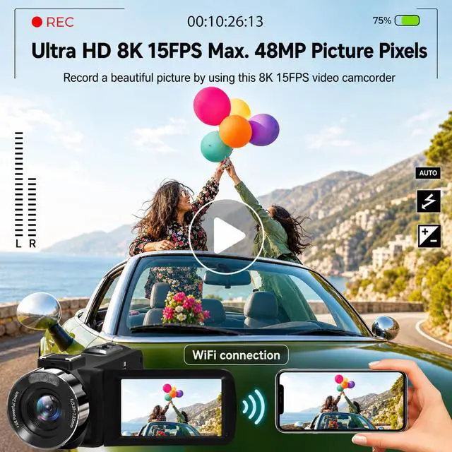 Alt view image 2 of 7 - Video Camera 8K Camcorder 48MP UHD WiFi Vlogging Camera for YouTube | 15FPS UHD Recording, WiFi Transfer, IR Night Vision, 18X Zoom, Fill Light, Mic, Stabilizer, Lens Hood, Remote, 2 Batteries