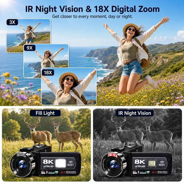 Alt view image 3 of 7 - Video Camera 8K Camcorder 48MP UHD WiFi Vlogging Camera for YouTube | 15FPS UHD Recording, WiFi Transfer, IR Night Vision, 18X Zoom, Fill Light, Mic, Stabilizer, Lens Hood, Remote, 2 Batteries
