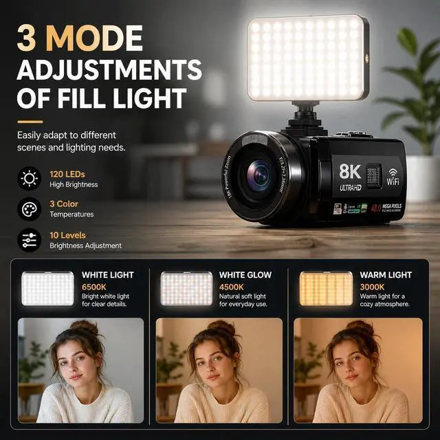 Alt view image 6 of 7 - Video Camera 8K Camcorder 48MP UHD WiFi Vlogging Camera for YouTube | 15FPS UHD Recording, WiFi Transfer, IR Night Vision, 18X Zoom, Fill Light, Mic, Stabilizer, Lens Hood, Remote, 2 Batteries