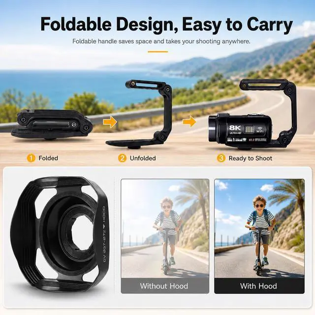 Alt view image 7 of 7 - Video Camera 8K Camcorder 48MP UHD WiFi Vlogging Camera for YouTube | 15FPS UHD Recording, WiFi Transfer, IR Night Vision, 18X Zoom, Fill Light, Mic, Stabilizer, Lens Hood, Remote, 2 Batteries