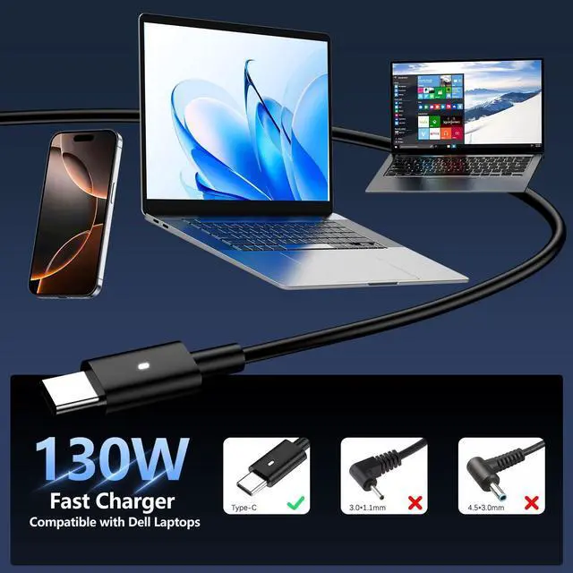 Alt view image 5 of 7 - 130W USB C Laptop Charger Compatible with Dell XPS/Precision/Latitude | for Dell XPS 15 17 9575 9500 9700, Precision 5530 5550 5560 5750 5760, Latitude 7410 7310 9410 9510, 10FT Type C Power Cord