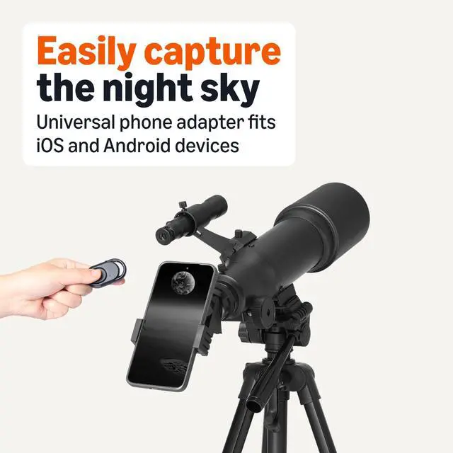 Alt view image 4 of 6 - 70mm Aperture 400mm Astronomical Refracting Telescope with Smartphone Adapter, Wireless Remote, 18X-120X Magnification, Lightweight Tripod, Carry Bag, Black
