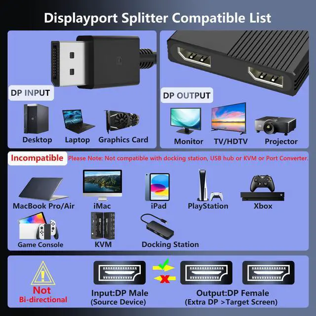 Alt view image 6 of 7 - Displayport MST Hub, 4K@120Hz Display Port Splitter for Dual Monitors, DP to Dual DP Adapter 1 in 2 Out, DisplayPort Splitter Extended Display, Monitor Splitter for Laptop, Desktop, Graphics Card