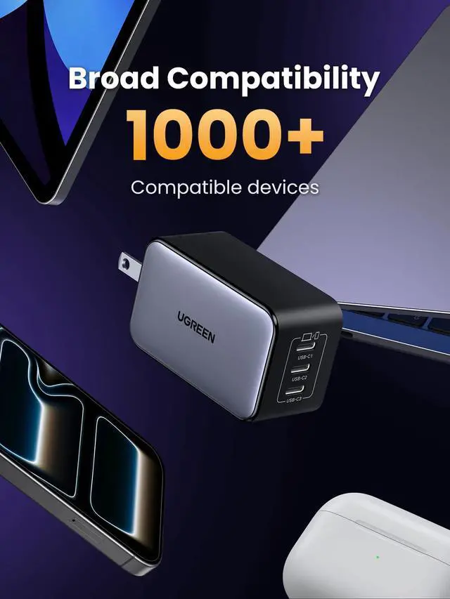 Alt view image 7 of 7 - Nexode 65W GaN USB C Wall Charger, 3-Port Type-C Fast Power Adapter Compatible with iPhone 17/16/15 Series, Galaxy S25/S24, Pixel 10/9, MacBook Pro/Air, iPad Pro/Air, Steam Deck