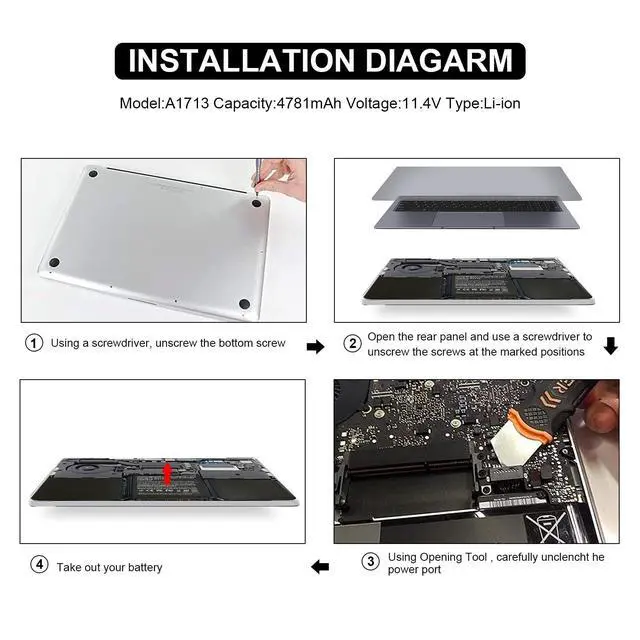 Alt view image 7 of 7 - A1713 A1708 Battery for MacBook Pro 13 inch A1708Late 2016Mid 2017MacBook Pro 13 1 MacBook Pro 14 1 EMC 2978 3164 MPXQ2LL MLL42LL MLUQ2LL MPXR2LL