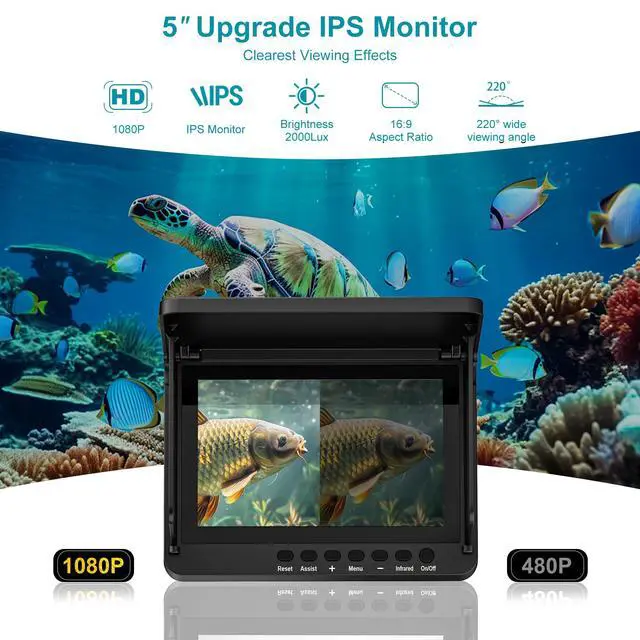 Alt view image 2 of 7 - Underwater Fishing Camera, 5 Inch IPS LCD Screen Fishing Camera w/Infrared Night Vision, 6000mAh Ice Fishing Camera, Portable Fish Finder w/100ft Cable for Ice Lake Boat Kayak Fishing