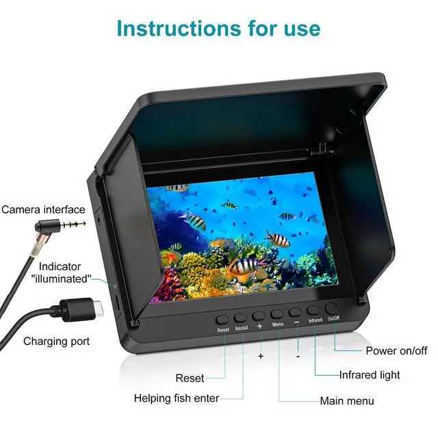 Alt view image 4 of 7 - Underwater Fishing Camera, 5 Inch IPS LCD Screen Fishing Camera w/Infrared Night Vision, 6000mAh Ice Fishing Camera, Portable Fish Finder w/100ft Cable for Ice Lake Boat Kayak Fishing