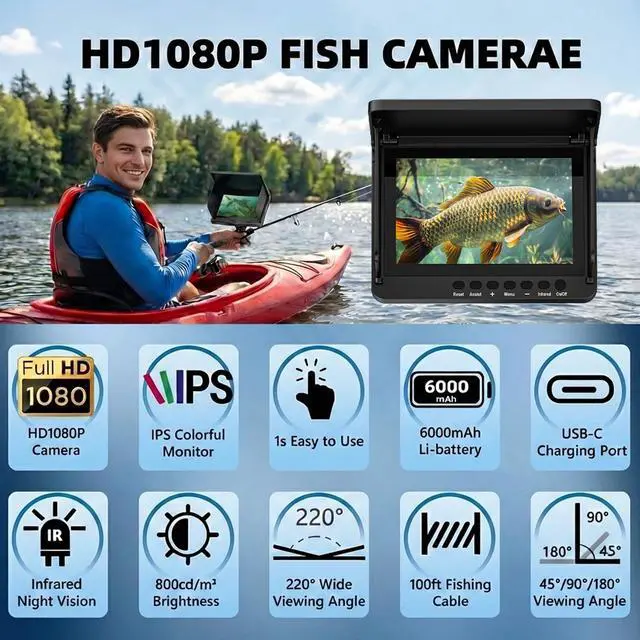 Alt view image 6 of 7 - Underwater Fishing Camera, 5 Inch IPS LCD Screen Fishing Camera w/Infrared Night Vision, 6000mAh Ice Fishing Camera, Portable Fish Finder w/100ft Cable for Ice Lake Boat Kayak Fishing