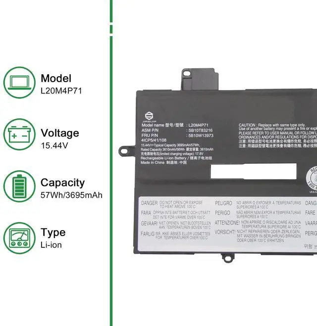 Alt view image 2 of 5 - L20M4P71 SB10T83216 5B10W13973 Laptop Battery Replacement for Lenovo ThinkPad X1 Carbon 9th 10th 11th Gen X1 Yoga 6th 7th 8th Gen Series L20C4P71 SB10T83217 L20D4P71 L20L4P71 15.44V 57Wh