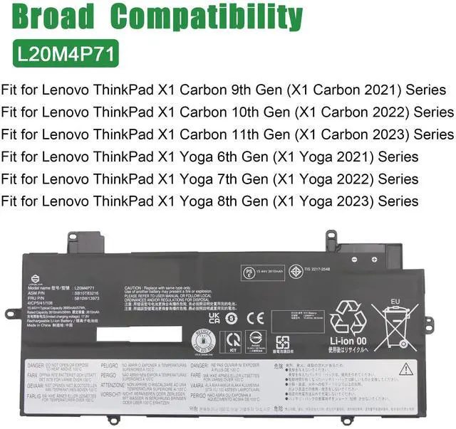 Alt view image 4 of 5 - L20M4P71 SB10T83216 5B10W13973 Laptop Battery Replacement for Lenovo ThinkPad X1 Carbon 9th 10th 11th Gen X1 Yoga 6th 7th 8th Gen Series L20C4P71 SB10T83217 L20D4P71 L20L4P71 15.44V 57Wh