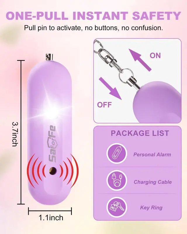 Alt view image 4 of 7 - Personal Safety Alarm for Women - Waterproof Rechargeable Security Alarm - 140dB Extra Loud Siren with SOS Strobe Light - Self Defense Keychain for Women Girls Teens Seniors