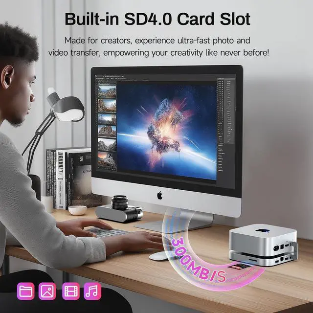 Alt view image 5 of 7 - Mate Mini-A 80Gbps Mac mini M4 Dock & Stand, Dual PCIex2 SSD Slot, Max 16TB Expansion, PD3.0 Port, SD4.0 Card Reader, 2.5G LAN, 2*USB-A 5Gbps for Laptops/Desktop PC/Mini PC