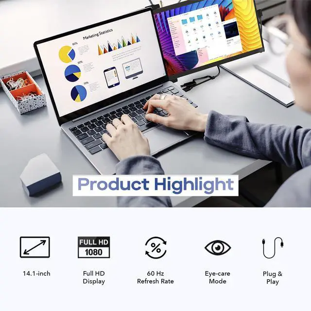 Alt view image 3 of 7 - Mobile Pixels Max DS Portable Monitor for Laptops (2026 Upgraded) | 14.1" Full HD IPS Laptop Screen Extender, USB C/HDMI Powered Plug and Play, Windows/Mac/Android/Switch Compatible