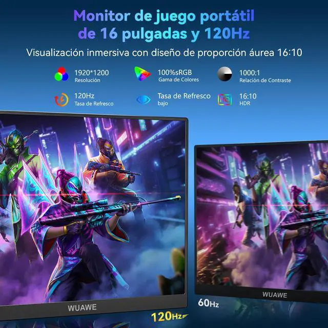 Alt view image 2 of 7 - 16" 1200P 120Hz Portable Monitor, 100% sRGB Portable Gaming Monitor with Built-in Stand,HDR and Freensync, External USB C Monitor for Laptop, PC, Phone, Switch and PS5 (Black)