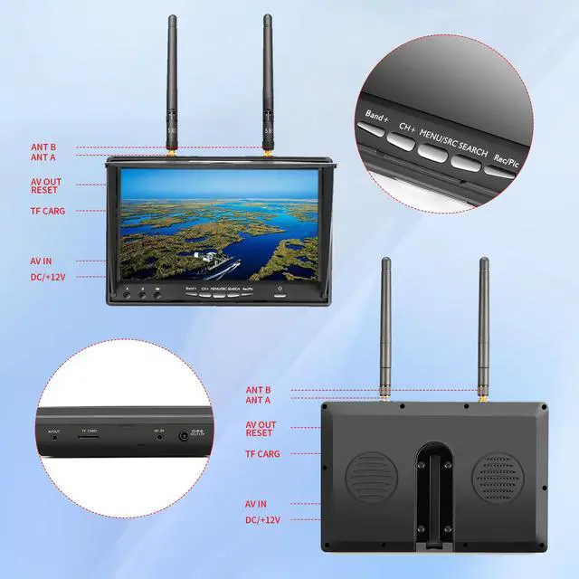 Alt view image 6 of 7 - 7Inch Portable FPV Monitor: 5.8Ghz 7" Screen with DVR 40CH Receiver 800 x 480 LCD Display Built-in Battery for FPV