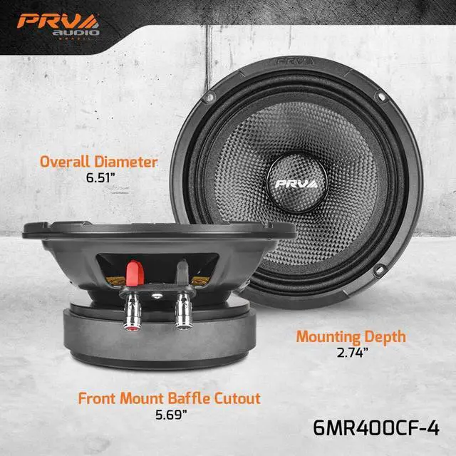 Alt view image 3 of 7 - Carbon Fiber 6.5" Midrange Speaker 400 Watts 4 Ohm Pair 6MR400CF-4 Water Resistant Car Audio Loudspeaker for Boat UTV 4-Wheeler Motorcycle and Door Panels (2 Speakers)