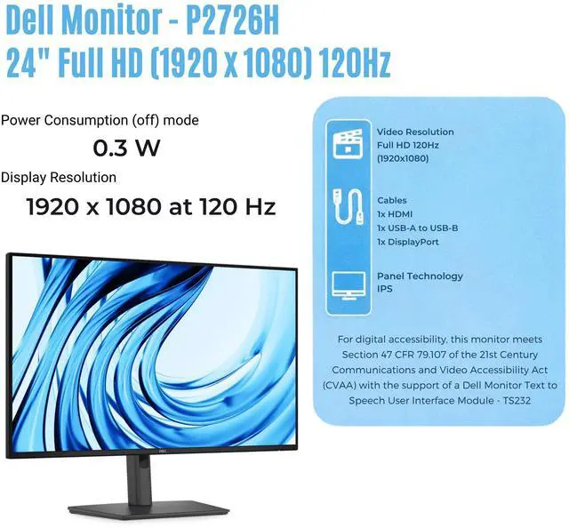 Alt view image 3 of 7 - Dell Pro P P2726H 27" FHD 120Hz Business Monitor, USB-C, HDMI, DisplayPort | Anti-Glare 27" (1920×1080) Monitor, VESA Mount Compatible, Dual Front USB-C, Eye Comfort Tech, Slim Bezels, Cables Included