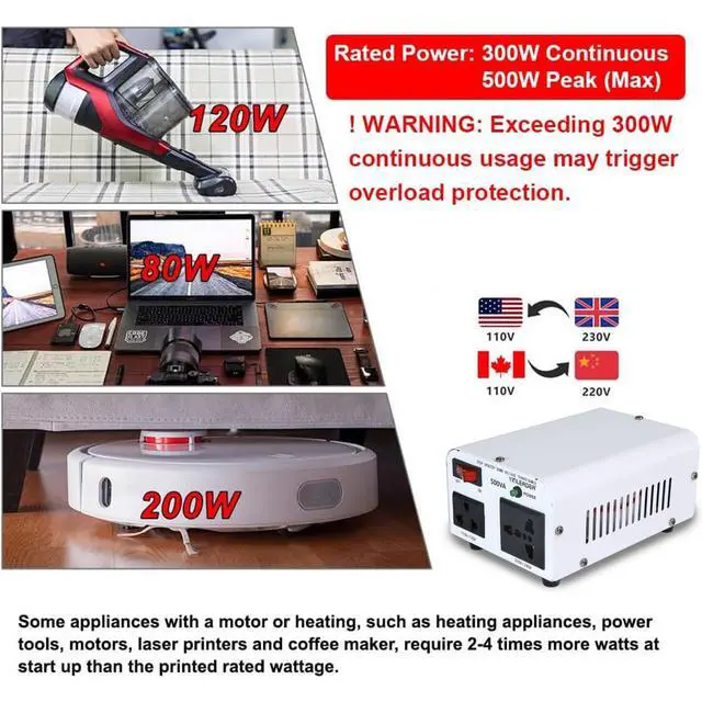 Alt view image 4 of 7 - 500W 110V to 220V Voltage Converter Transformer Step Up/Down | 110-120V/220-240V w/US Power Cord,White