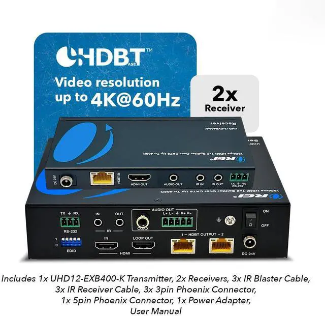 Alt view image 2 of 7 - 4K 1x2 HDMI Extender Splitter HDBaseT Over Single Cable CAT6/7 4K@60Hz 4:4:4 HDCP 2.2 with IR Remote EDID Management, HDR - Up to 400 Ft - Loop Out - Low Latency - Power Over Cable
