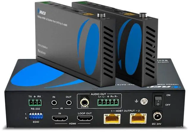 Main image of 4K 1x2 HDMI Extender Splitter HDBaseT Over Single Cable CAT6/7 4K@60Hz 4:4:4 HDCP 2.2 with IR Remote EDID Management, HDR - Up to 400 Ft - Loop Out - Low Latency - Power Over Cable
