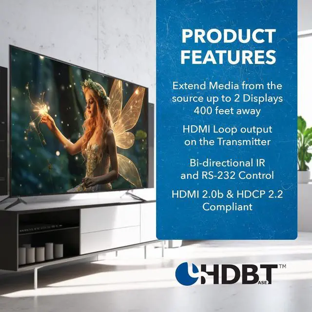 Alt view image 7 of 7 - 4K 1x2 HDMI Extender Splitter HDBaseT Over Single Cable CAT6/7 4K@60Hz 4:4:4 HDCP 2.2 with IR Remote EDID Management, HDR - Up to 400 Ft - Loop Out - Low Latency - Power Over Cable
