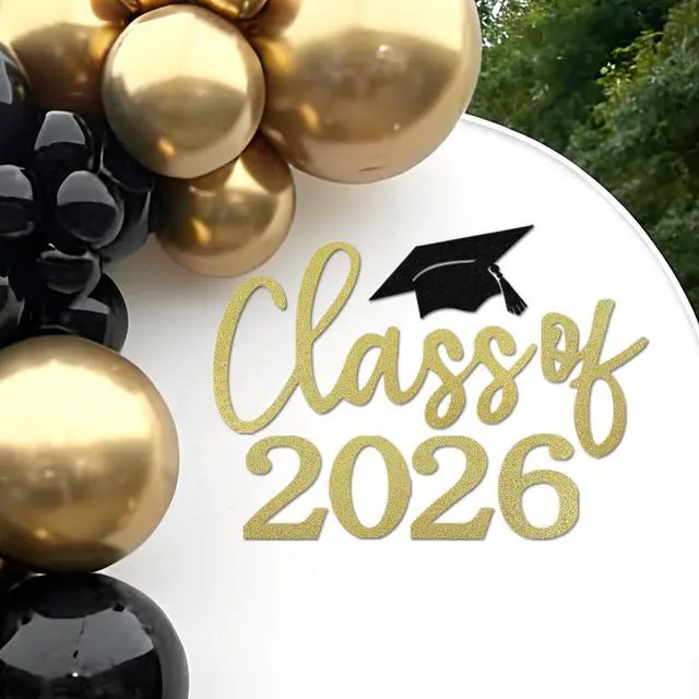 Main image of Class of 2026 Sign for Backdrop - Felt Class of 2026 Congrats Grad Decal Sign for Graduation Balloon Arch Backdrop Grad Party Decorations Photo Props (Glitter Gold)