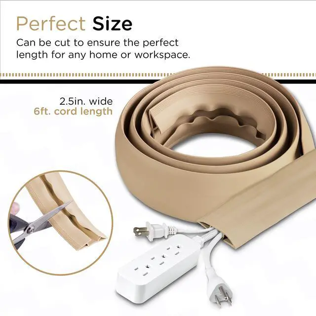 Alt view image 2 of 7 - 6ft Floor Cord Cover, Cable Protector, Hide Extension Cords | Protect Cords, Prevent Cable Trips, Heavy Duty Cord Hider - Cable Cavity = 0.75" (W) x 0.43" (H) - Tan