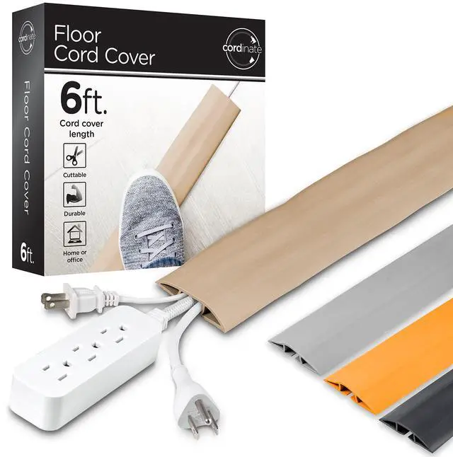 Main image of 6ft Floor Cord Cover, Cable Protector, Hide Extension Cords | Protect Cords, Prevent Cable Trips, Heavy Duty Cord Hider - Cable Cavity = 0.75" (W) x 0.43" (H) - Tan