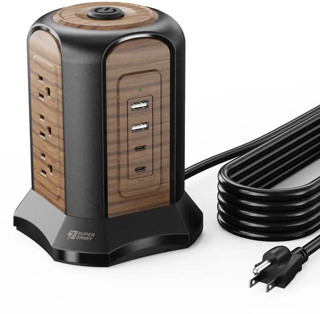Main image of Power Strip Tower, Desktop Charging Station,10 Ft Extension Cord | 1080J Surge Protector, 9 Outlets 4 USB Ports (2 USB C), Flat Plug Power Tower with Multiple Outlets, Home, Office, Dorm,Brown